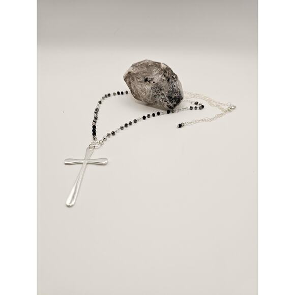 Modern Sterling Silver Cross Necklace Black Grey Rosary Adjustable Chain Gothic - Picture 2 of 8